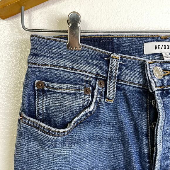Re/Done 90s High Rise Extra Crop Jeans Womens 25 Blue Denim Button Undone Hem - Picture 4 of 12
